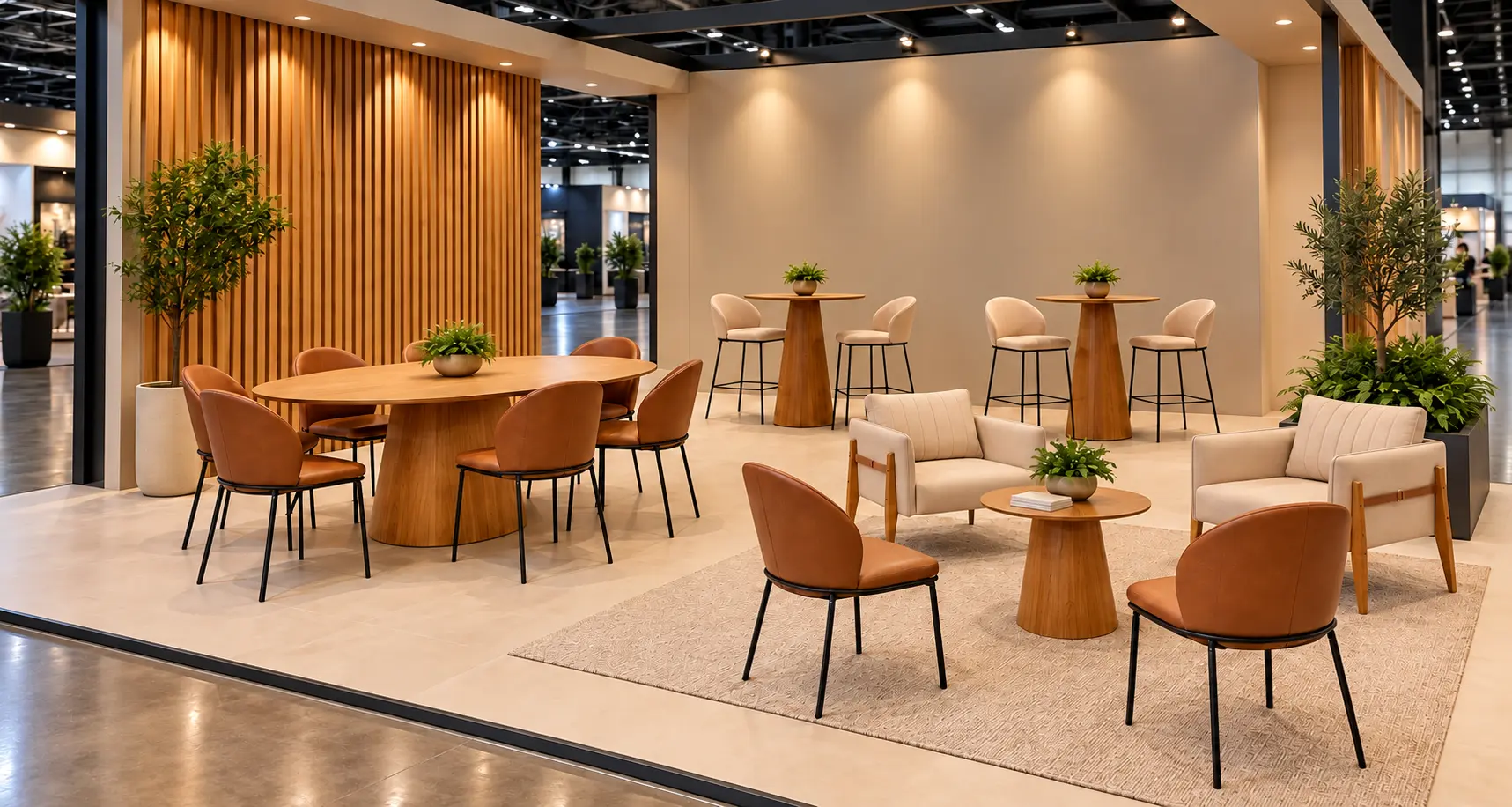 Lounge contemporâneo com mesas de madeira, cadeiras em couro, poltronas e banquetas