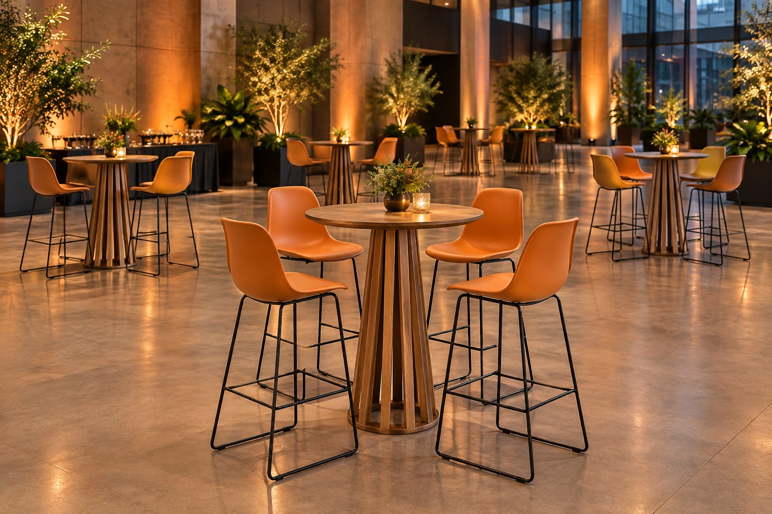 Mesas bistrô e banquetas em um ambiente com iluminação acolhedora
